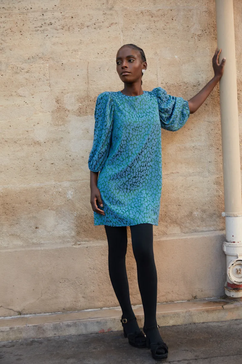 Online Maison Guillemette ROBE CHIARA LEOPARD BLEU - existe dans deux longueurs